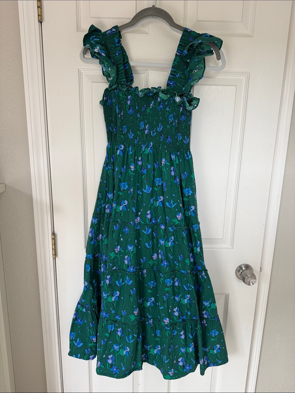 Hill House Forest Green Maxi Dress with Blue Floral Space Print